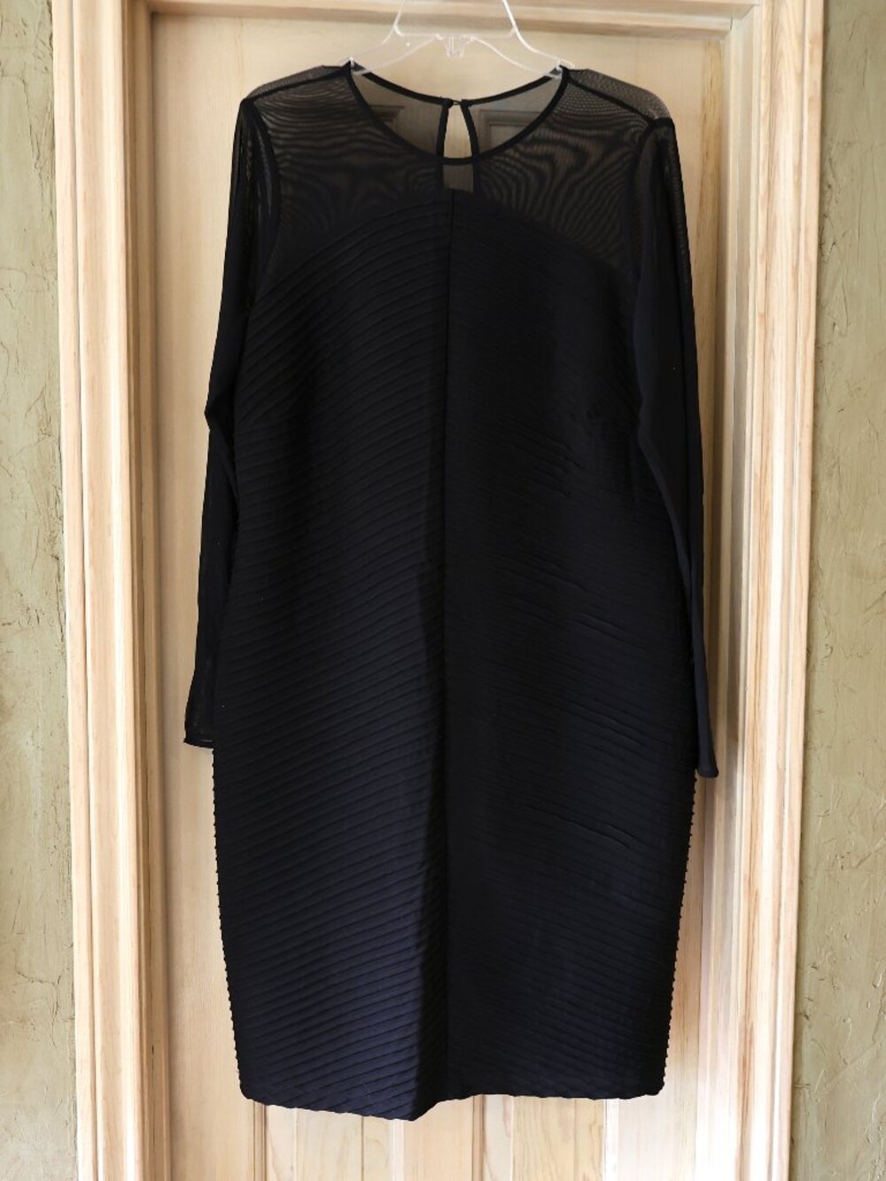 NWT Calvin Klein Black Cocktail Dress Ribbed Sheath Long Sheer Sleeves Size 16W